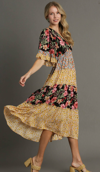 Ladies Dress - Umgee Tiered V-Neck Midi Dress
