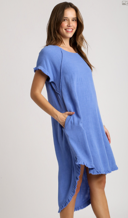 Ladies Dress - Umgee Linen Blend Round Neck Pocket Dress