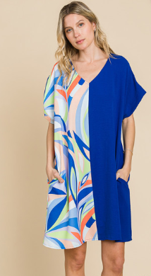 Ladies Dresses - Cotton Bleu Color Block Dress