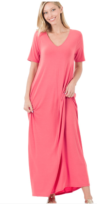 Ladies Dress - Zenana V-Neck Short Sleeve Maxi Dress