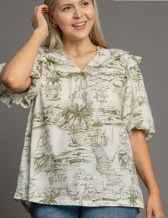 Ladies Tops - Umgee Two Tone Split Neck Blouse